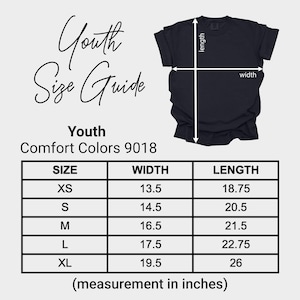 May include: A black t-shirt with a youth size guide. The guide displays measurements in inches for width and length, from XS to XL. The text "Youth Size Guide" is at the top. Measurements are provided in inches.
