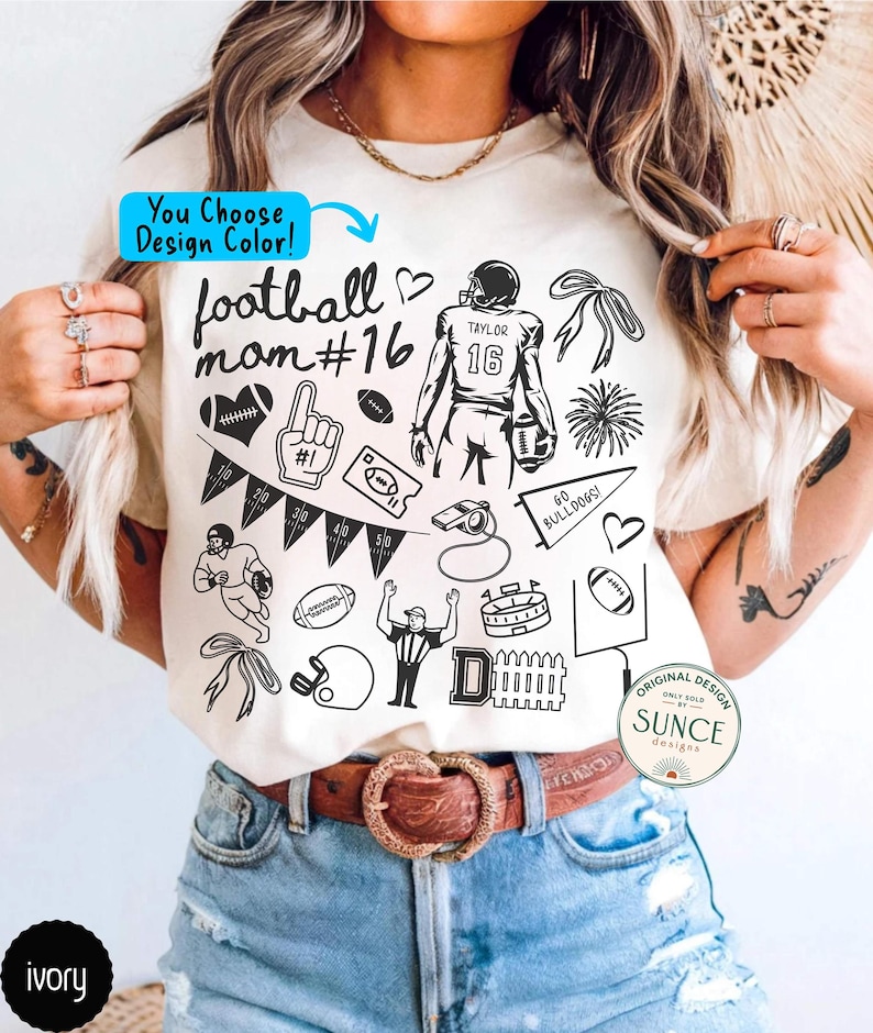 custom football mom doodle comfort colors shirt personalized with player's number, name, and the team or mascot