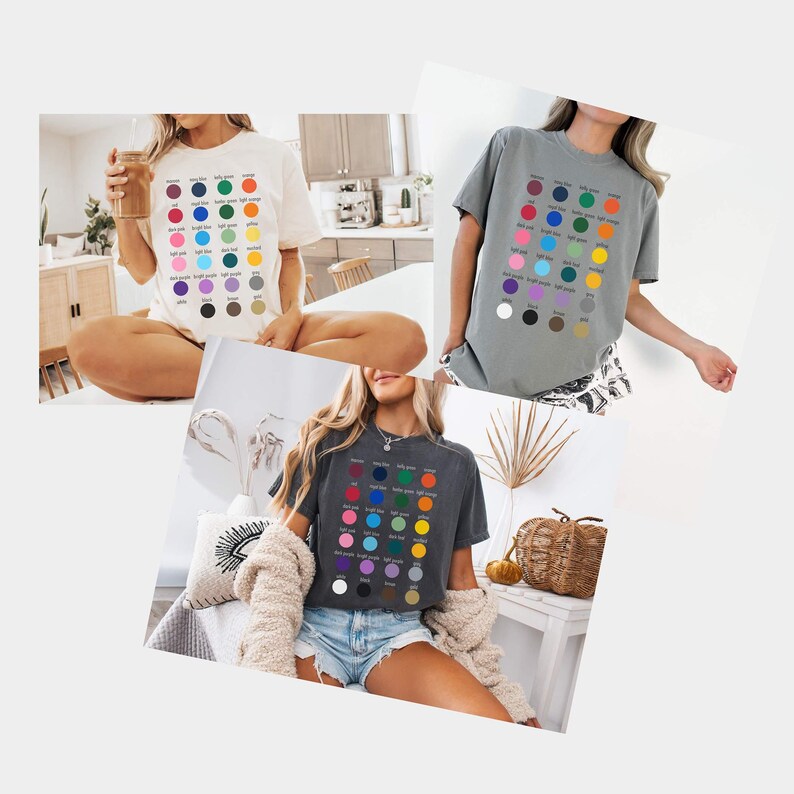 May include: Three short-sleeve t-shirts in white, gray, and charcoal, each featuring a grid of twenty-five colored circles with corresponding text labels underneath, including maroon, navy, forest green, orange, pink, light blue, lime, yellow, purple, black, brown, and gray.