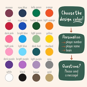 May include: A color chart featuring twenty-four circular swatches in various hues including maroon, navy blue, kelly green, orange, red, royal blue, hunter green, light orange, pinks, blues, purples, yellow, mustard, grey, white, black, brown, and gold.