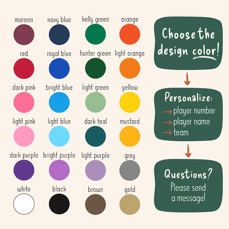 May include: A color chart featuring twenty-four circular swatches in various hues including maroon, navy blue, kelly green, orange, red, royal blue, hunter green, light orange, pinks, blues, purples, yellow, mustard, grey, white, black, brown, and gold.