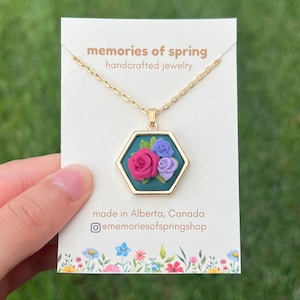 Handmade Floral Polymer Clay Necklace, Pendant Necklace, Gold Polymer Clay Jewelry, Cottagecore Jewelry Gift, Bridesmaid Jewelry Gift