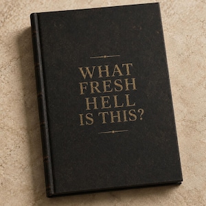 Peut inclure: Un livre à couverture rigide noire avec le texte doré en relief sur la couverture avant qui indique WHAT FRESH HELL IS THIS? Le livre présente un dos texturé avec des bandes en relief et des lignes horizontales décoratives simples.