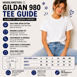 May include: A white Gildan 980 tee shirt with a size chart. The shirt is made of 100% ring-spun cotton and is lightweight and durable. The size chart shows the width and length in inches, ranging from 45.7 cm to 71.1 cm wide and 71.1 cm to 83.8 cm long.
