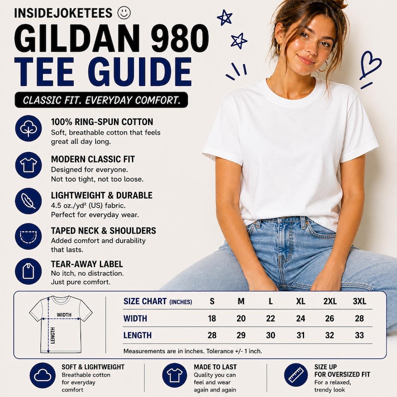 May include: A white Gildan 980 tee shirt with a size chart. The shirt is made of 100% ring-spun cotton and is lightweight and durable. The size chart shows the width and length in inches, ranging from 45.7 cm to 71.1 cm wide and 71.1 cm to 83.8 cm long.