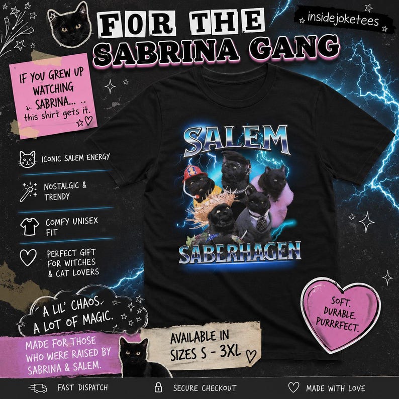 Unleash your dark humor and nostalgia with our Salem Saberhagen Shirt, a perfect tribute to the beloved 90s TV sitcom Sabrina the Teenage Witch. Featuring everyone's favorite sarcastic, spell-casting feline, this Salem tee is a must-have for fans of 90s nostalgia, witchy vibes, and sassy talking cats. Whether you're reminiscing about the y2k era, looking for a fun Halloween costume, or adding some witchy humor to your everyday wardrobe, this shirt has you covered!