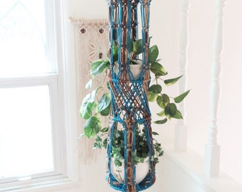 Large Macrame Plant Hanger, Double Plant Holder, Blue and Brown Planter, Vintage Style Macrame, Hippie Home Decor, Boho Plant Decor, Indoor