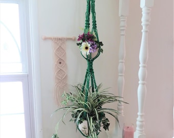 Macrame Double Plant Holder, Rope Plant Hanger, Living Room Planters, Hippie Home Decor, Colorful Macrame, Ceiling Plant Hanger, Boho Decor