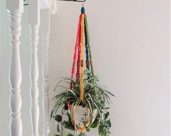 Macrame Plant Hanger No Tassel - Rainbow Plant Hanger - Plant Hanger No Tassel - Boho Rainbow Decor - Beaded Plant Hanger - No Tail