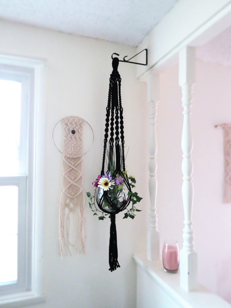 Macrame Black Macrame Plant Hanger Black Gothic Decor Black Home Decor Macrame Hanging Planter Gothic Boho Plant Pot Hanger image 1