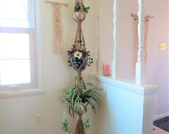 Triple Macrame Plant Hanger - 3 tier Plant Hanger - Jute Plant Hanger - 70s Home Decor - Hanging Planter Indoor - Beaded Boho Plant Holder