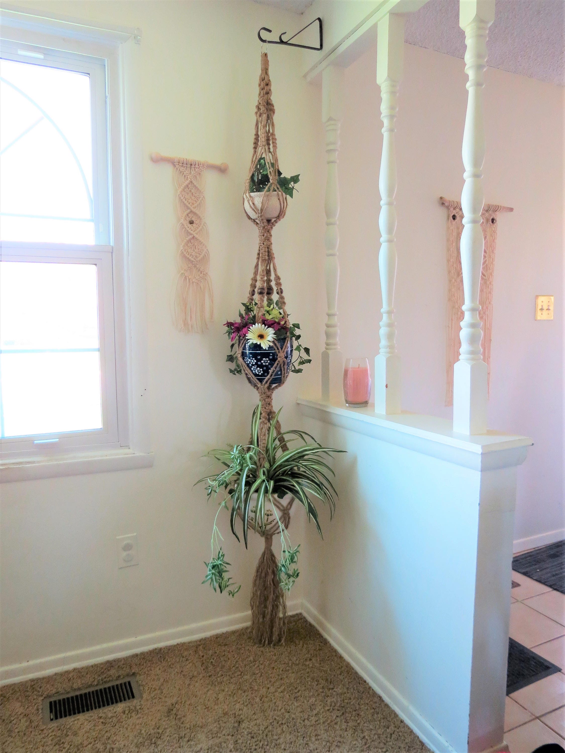 Triple Macrame Plant Hanger 3 Tier Plant Hanger Jute Plant Hanger 70s Home  Decor Hanging Planter Indoor Beaded Boho Plant Holder 