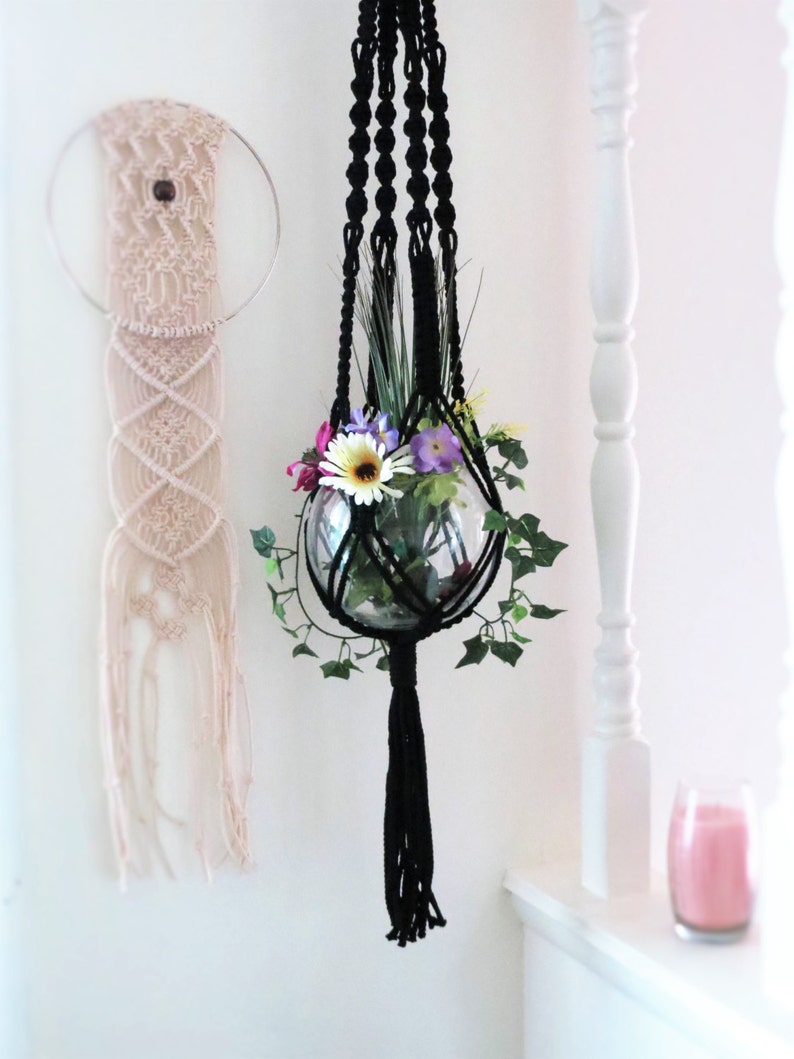 Macrame Black Macrame Plant Hanger Black Gothic Decor Black Home Decor Macrame Hanging Planter Gothic Boho Plant Pot Hanger image 3