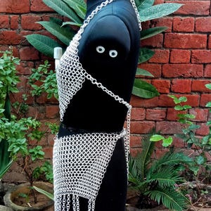 May include: A silver chainmail top and skirt set displayed on a black mannequin. The chainmail is made of small, interlocking metal rings. The top is a halter style, and the skirt has a fringed hem. The background features a brick wall and greenery.
