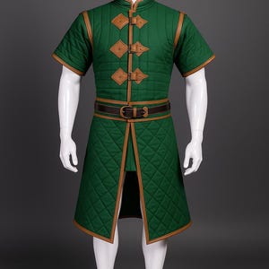 Green Medieval Gambeson Jacket | Short Sleeve Quilted Armor Padding for LARP, HEMA & Reenactment