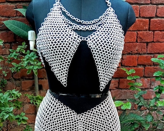 Conjunto de top y falda de malla metálica de aluminio hechos a mano: Traje de cosplay de armadura medieval