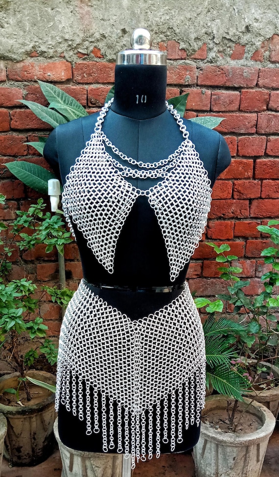 Handmade Aluminum Chainmail Top and Skirt Set: Medieval Armor Cosplay Outfit