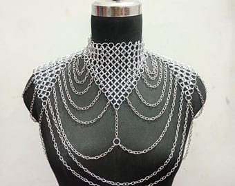 Collar de hombro de malla metálica de aluminio hecho a mano, cadena corporal de armadura de fantasía medieval