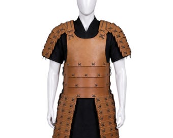 Middeleeuws samurai lederen harnas Japanse stijl LARP-kostuum handgemaakt bruin krijgerpantser