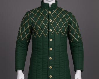 Groene gewatteerde middeleeuwse Gambeson: LARP re-enactmentpantser, gewatteerde kostuumjas
