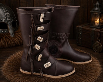 Handmade Viking Leather Boots, Medieval Knee High Norse Warrior Footwear, LARP Costume Shoes