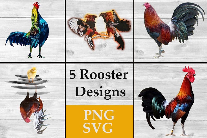 May include: Five rooster designs in PNG and SVG format. The designs feature roosters in various poses and colors, including a blue rooster with a yellow comb, a red rooster with a black tail, and a rooster with a yellow comb and red wattles.