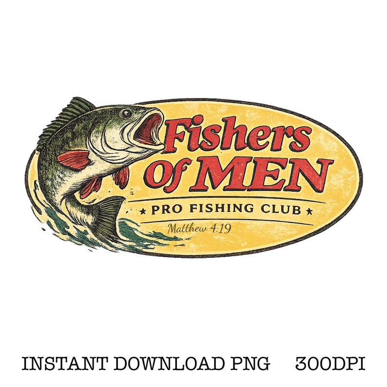 K&ouml;nnte beinhalten: Vintage-Grafik mit einem Gro&szlig;maulbass, der aus dem Wasser springt. Das Design enth&auml;lt den Text "Fishers Of MEN" in Rot, mit "Pro Fishing Club" und "Matthew 4:19" darunter. Der Hintergrund ist oval und gelb-braun.
