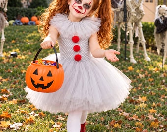 Girls Halloween Clown Costume Set – White Tutu Dress with Red Pom Poms, 2 Hair Bows & Ruffled Collar