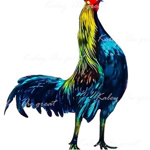 May include: A colorful rooster with a red comb and wattle, blue and green feathers, and a yellow neck. The rooster is standing with its head tilted back and its beak open, as if it is crowing.
