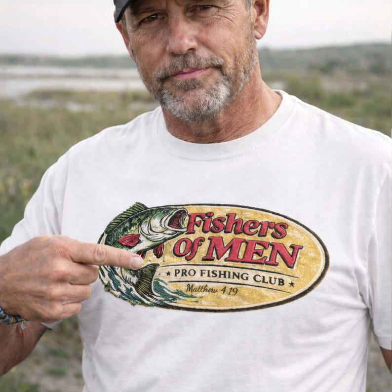 K&ouml;nnte beinhalten: Wei&szlig;es T-Shirt mit einem Fisch-Grafik und dem Text "Fishers of Men" in einem braunen Oval. Das Design enth&auml;lt auch "Pro Fishing Club" und "Matthew 4:19". Das T-Shirt wird von einer Person getragen.