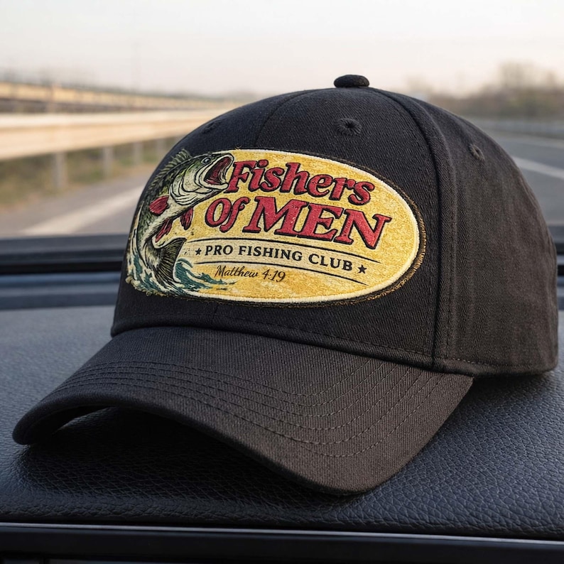 K&ouml;nnte beinhalten: Schwarze Baseballkappe mit gebogenem Schirm. Auf der Kappe befindet sich ein Aufn&auml;her mit dem Text "Fishers of Men Pro Fishing Club Matthew 4:19" und einer Grafik eines aus dem Wasser springenden Fisches.
