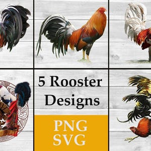 May include: Five rooster designs in PNG and SVG format. The designs feature roosters in various poses, including a rooster with a red, white, and blue design, a rooster with a yellow and black design, and a rooster with a green and black design.