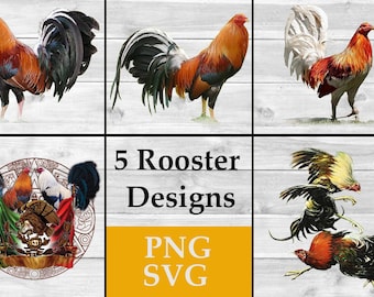 Rooster PNG 5 digital Files | sabong chicken gamefowl SVG PNG package | Sublimation cockfight design