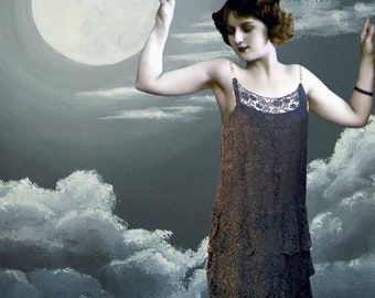 1920s Black Lace Flapper Tiered Chantilly Lace Vintage Dress Rhinestone Straps