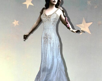 1930’s or 40’s Heavily Beaded Grey Taffeta Gown with Small Train and Bow