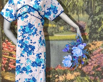 70’s Blue Asian Tiki Hawaiian Polyester Dress XXL stretch