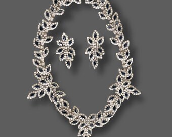 Vintage Leaf Black Rhinestone Necklace & Earrings Parure Set Kenneth J Lane 60s