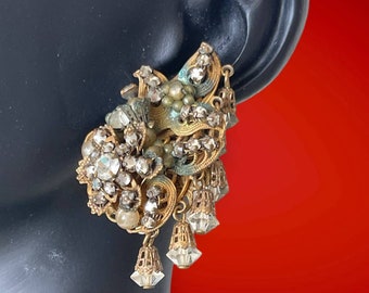 Vintage 1950's Frank Hess Haskell Style Golden Hand Wired Beaded Earrings OOAK