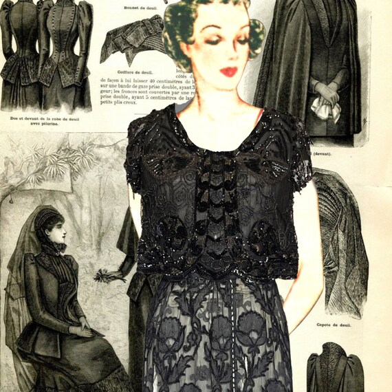 Antique Victorian Mourning Silk and Burnout Velve… - image 1