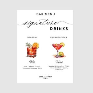 Letrero personalizado para menú de bar de bodas, bebidas exclusivas, menú de cócteles exclusivos, menú de bar moderno minimalista