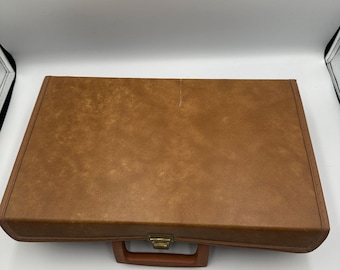 Vintage Service MFG Brown Faux Leather Briefcase Cassette Tape Storage Case USA Retro Organizer