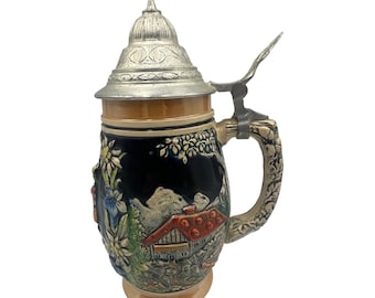 Vintage German Ceramic Beer Stein With Pewter Lid Hand-Painted Bavarian Design
