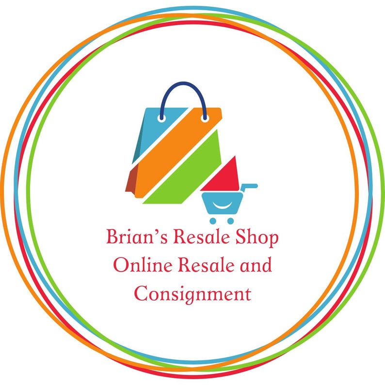 May include: A circular logo with a shopping bag and shopping cart icon. The bag is blue, orange, and green. The cart is red and blue. The text reads "Brian's Resale Shop Online Resale and Consignment."