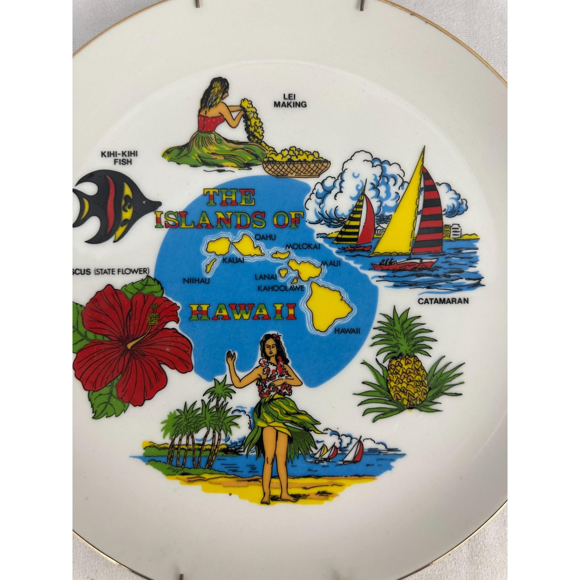 Vintage Hawaii Souvenir Collector Plate 1950s Map Design 9.5