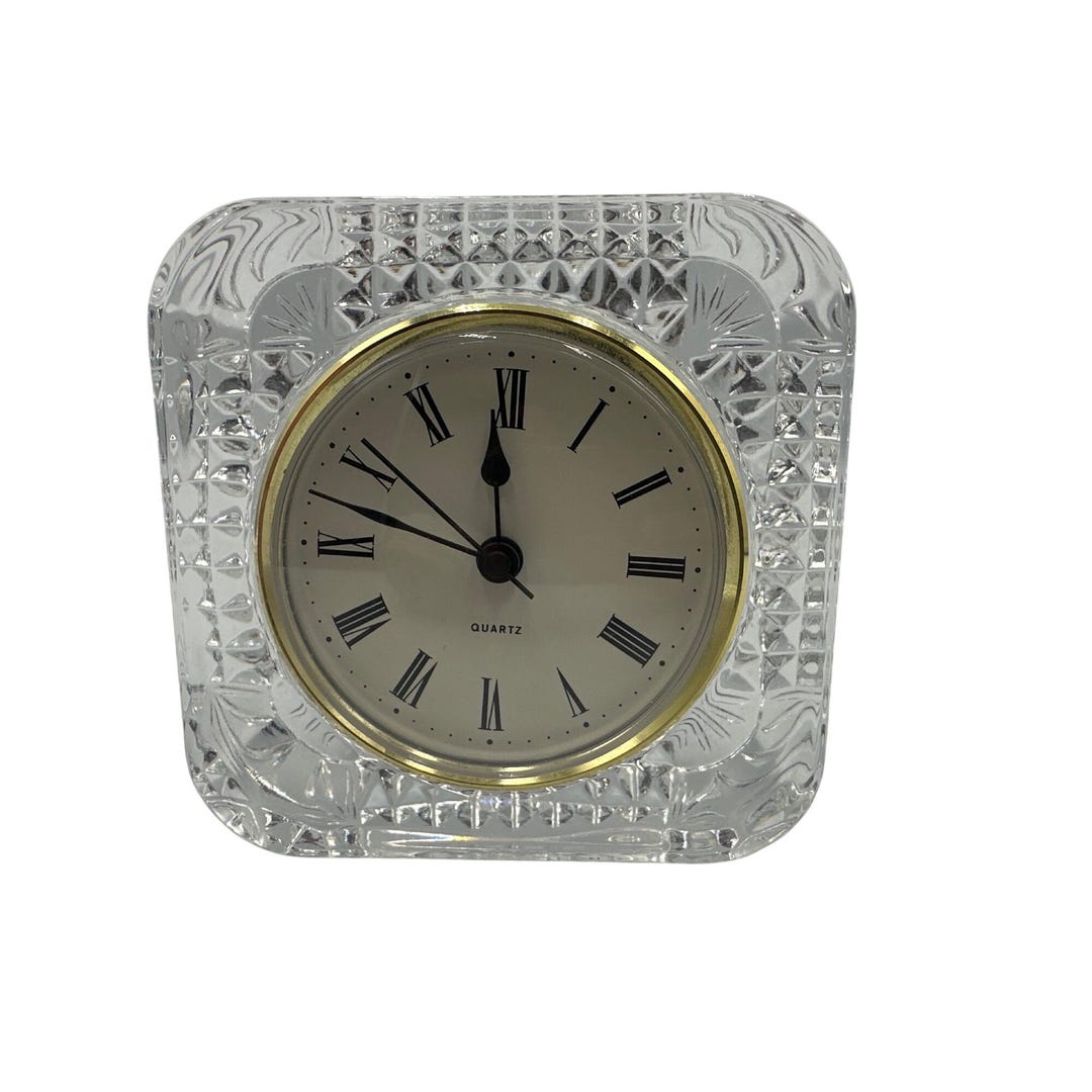 Vintage Crystal Square Quartz Desk Clock Gold Trim Roman Numerals Made ...