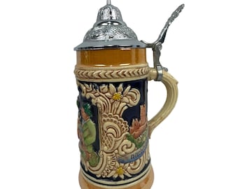 Vintage German Beer Stein Ceramic Pewter Lid Hand-Painted Scene 7" Tall Germany