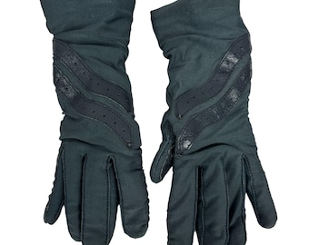 Vintage Black Nylon & Leather Gloves Womens One Size Winter Warm Detail Design