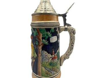 Vintage German Beer Stein Bavarian Scene Handcrafted Pewter Lid Ceramic Handle