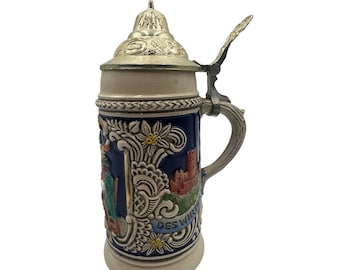 Vintage Gerz West Germany Handcrafted Beer Stein Pewter Lid & Bavarian Scenes