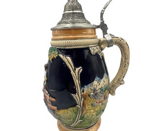 Vintage German Beer Stein: 1-liter Pewter Lid, 